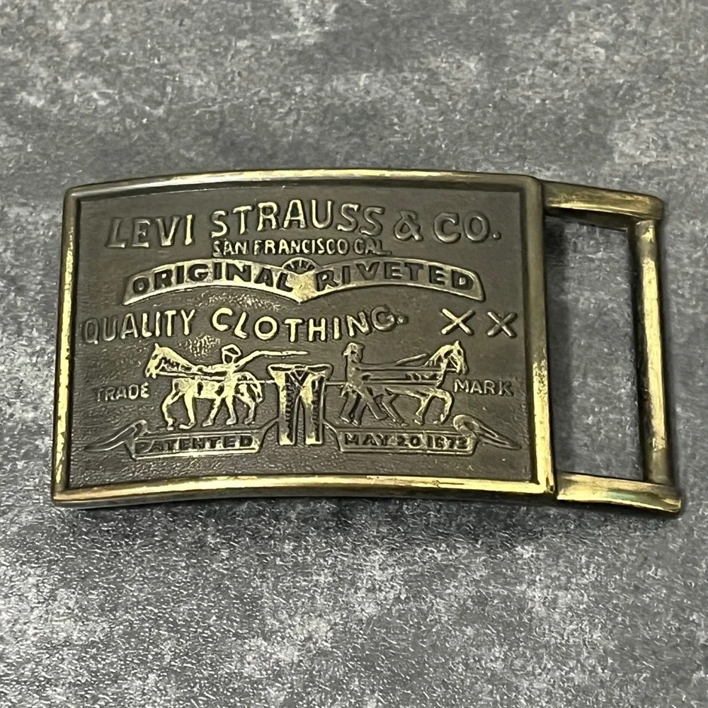 Levi Strauss Vintage Belt Buckle Brass Two Horse Logo Plaque Western Cowboy